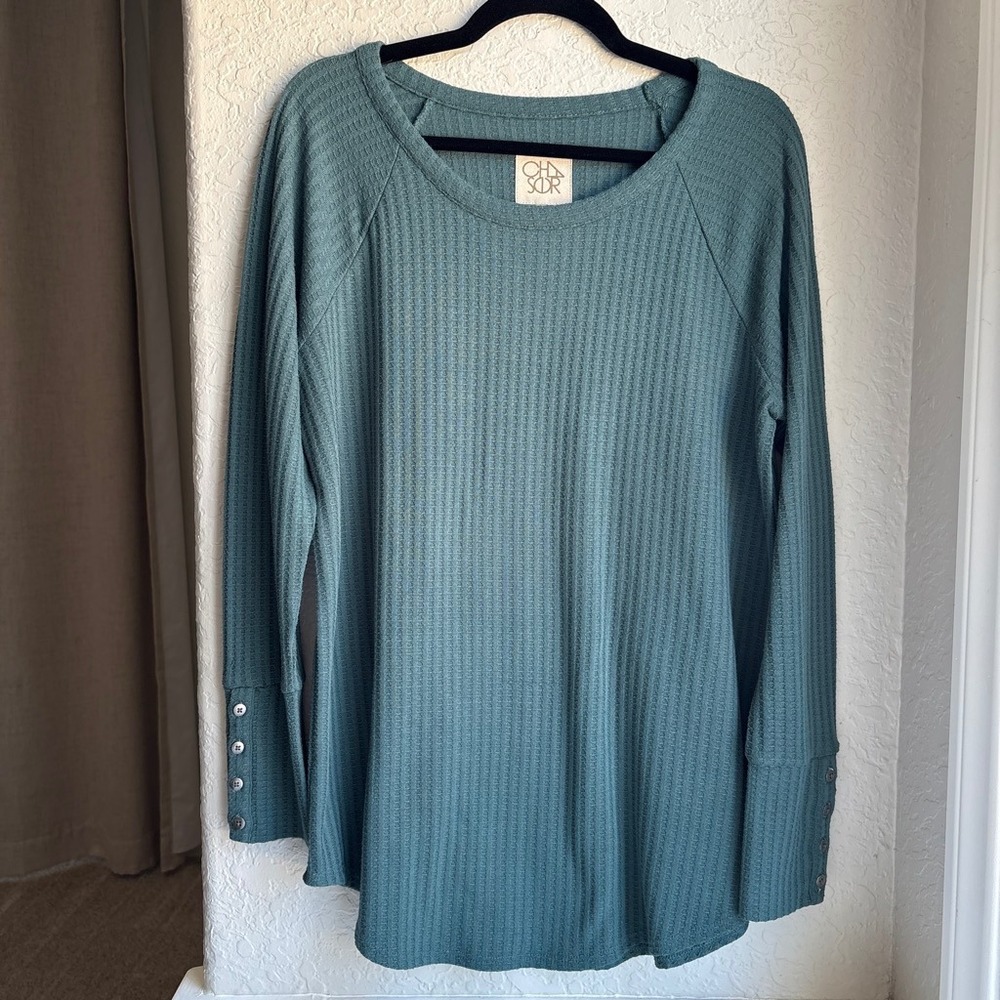 Chaser Waffle Knit Women XL Top Teal Green Long Sleeve Button Cuff Thermal